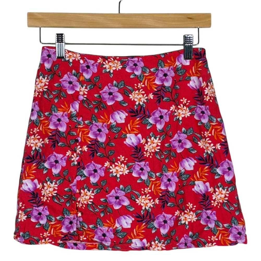 Mi Ami Floral Print Mini Skirt Red Purple Linen Blend Boho Summer Slit Size S